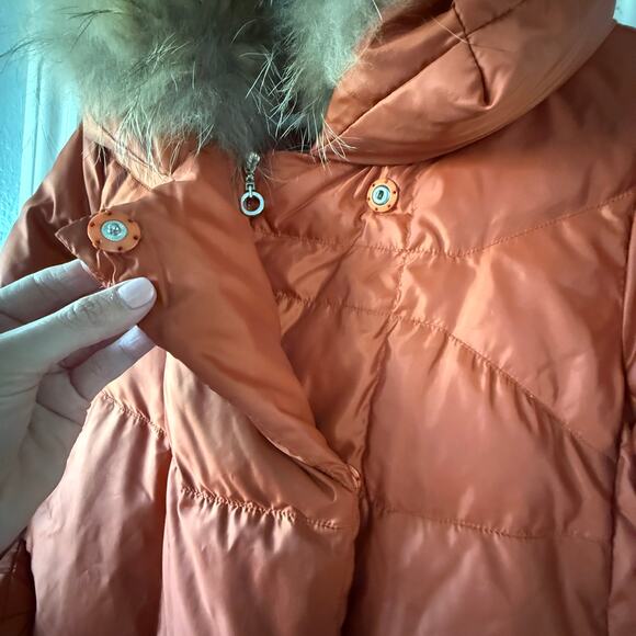 Surlansive Burnt Orange Down Puffer Coat w/ Fur Trim Hood Size 36 Small - Picture 9 of 16